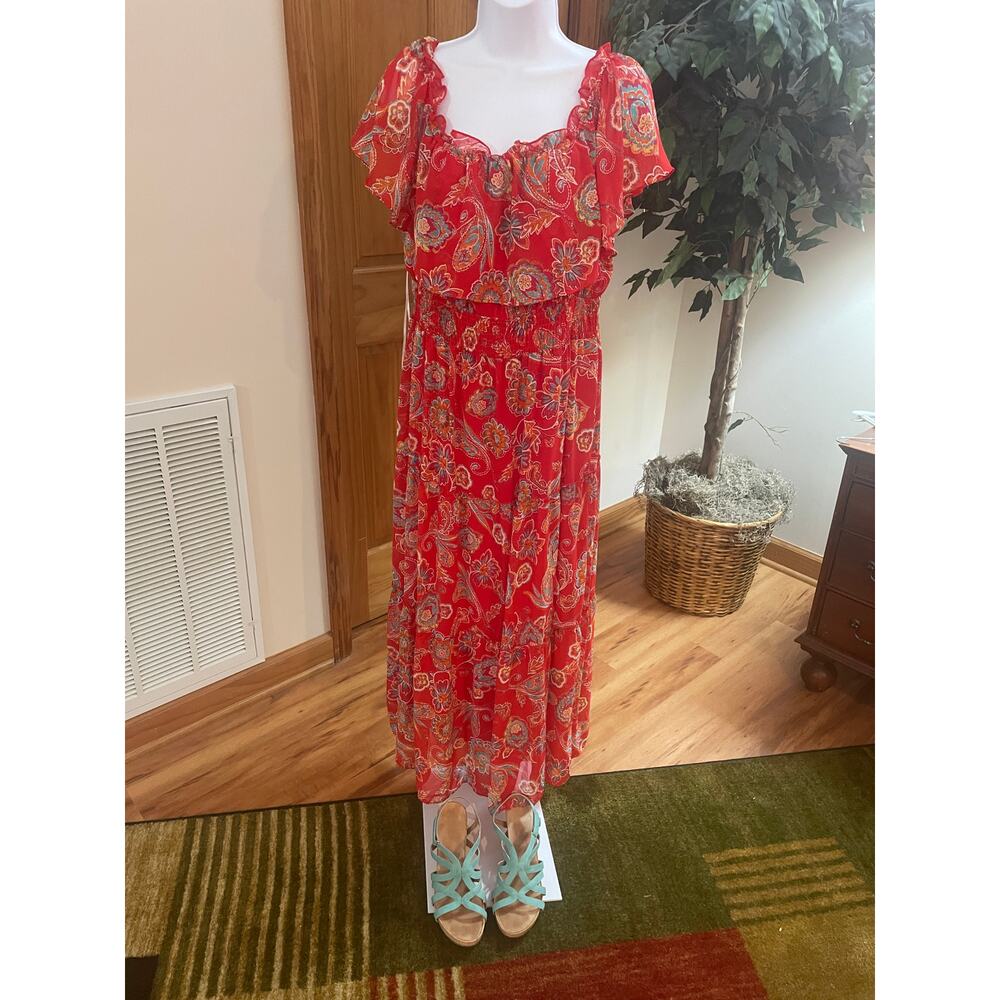 Rabbit Rabbit Rabbit  Design Off the Shoulder Dress, Red Pattern, Size 16 P